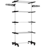 STENDINO VERTICALE CON 4 RIPIANI REGOLABILI, IN ACCIAIO E PLASTICA, 142X55X172 CM, NERO E ARGENTO