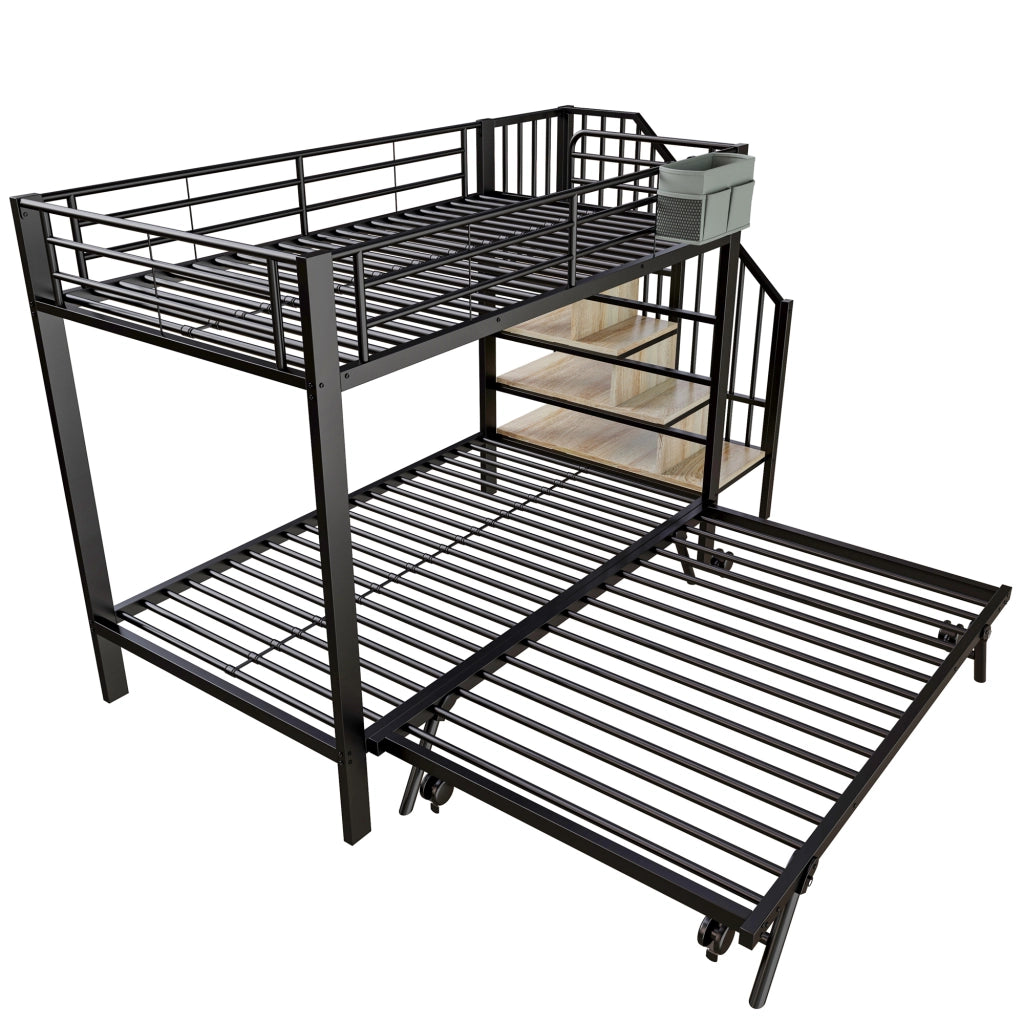 DESMIU Letto a Castello 3 Posti con Letto Estraibile, Scala Contenitore e Tasca, 90 × 200 cm e 180 × 200 cm, Senza Materasso