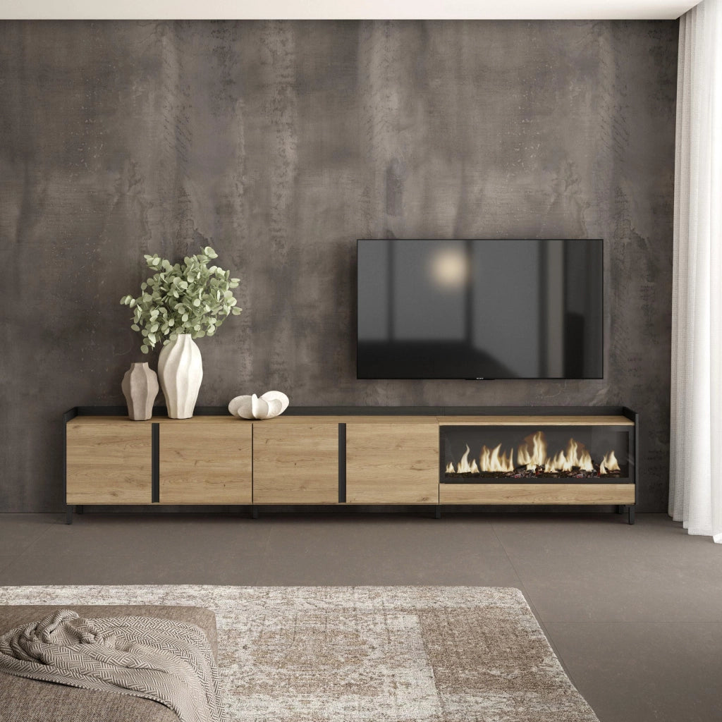 Mobile TV Soggiorno, 315x61x35 cm, Per TV fino a 80", Camino elettrico XXL, Design industriale, Rovere e nero