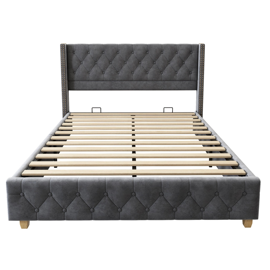 Letto Adulto 140 x 190 cm; Letto Matrimoniale Imbottito con Testiera Trapuntata; senza Materasso; Velluto Grigio