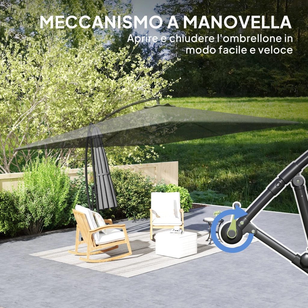 Ombrellone da Giardino a Braccio 355x390x250H cm Girevole a 360° e Inclinabile Grigio