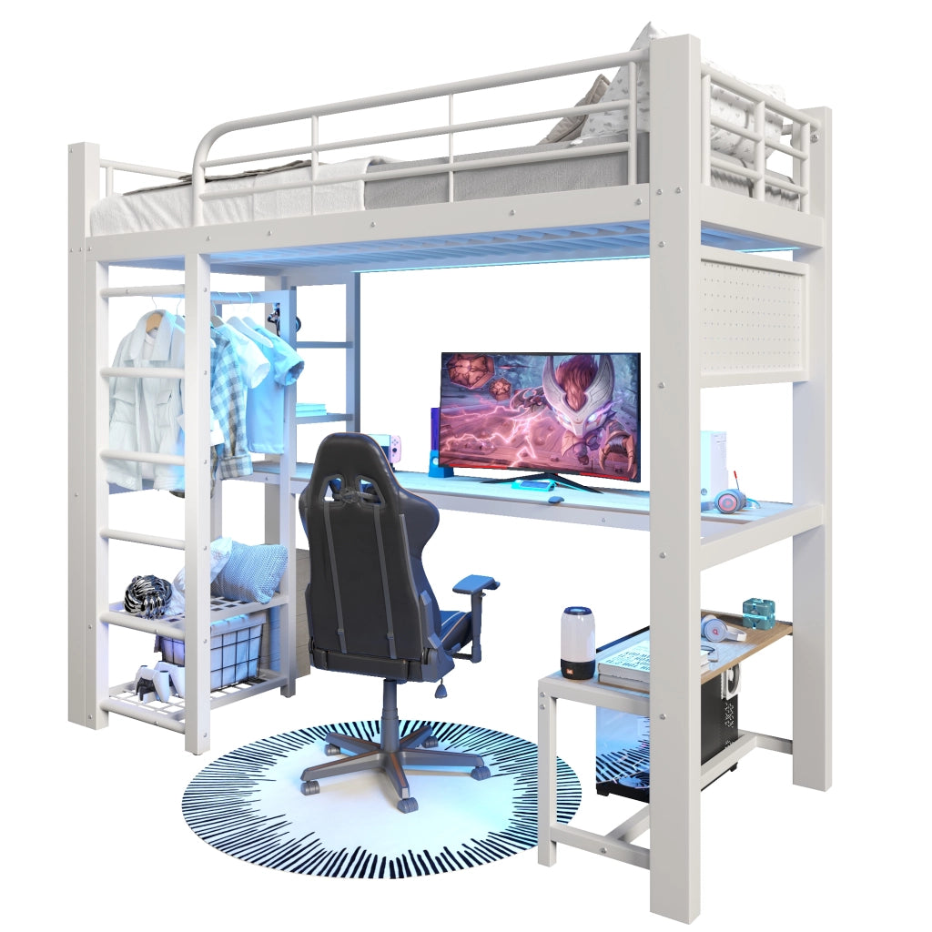 Letto a soppalco singolo 90×200 cm con LED; scrivania e ripiani; senza materasso; metallo; bianco