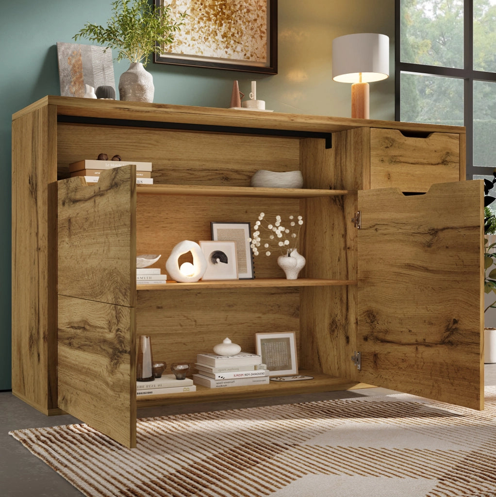 Credenza in MDF effetto rovere con 4 cassetti e 2 ante