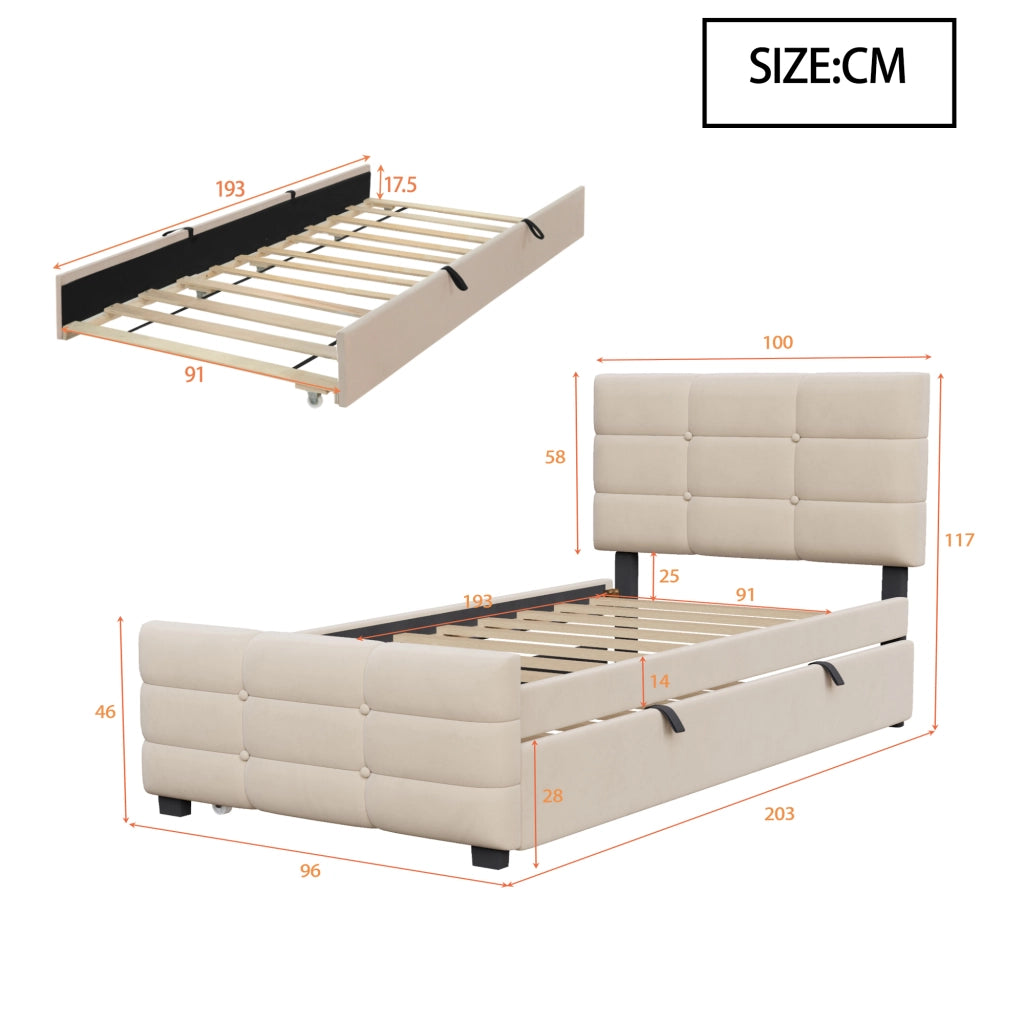 Letto imbottito 90 x 190 cm beige velluto compatibile con la pelle letto extra letti per bambini giovani e ospiti
