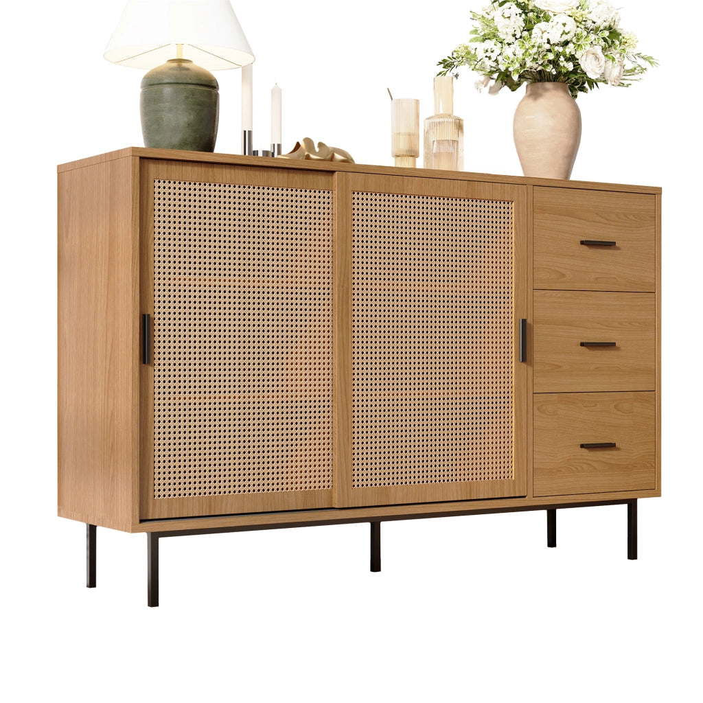 Credenza con 2 Ante Scorrevoli; 3 Cassetti e Ripiani Regolabili; Stile Country; in Pannello Truciolare; Natural; 140??37??91 cm