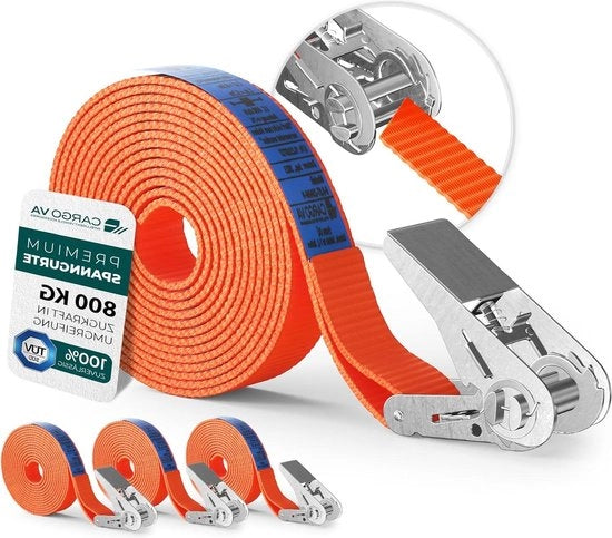 Cintura di sostegno con set di rulli da 4 a 25 mm x 4 m lunga - resistenza alla rottura 800 kg - cinghia di rullo arancione Cinture di sostegno con rulli