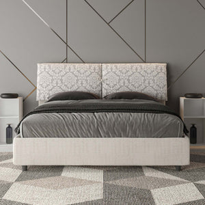 Letto Matrimoniale 160x210 cm con Rete e Contenitore con Testata e Alzata Comoda Imbottito in Tessuto Agata Mados Bianco