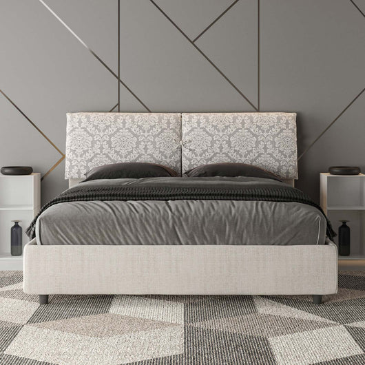 Letto Matrimoniale 160x210 cm con Rete e Contenitore con Testata e Alzata Comoda Imbottito in Tessuto Agata Mados Bianco