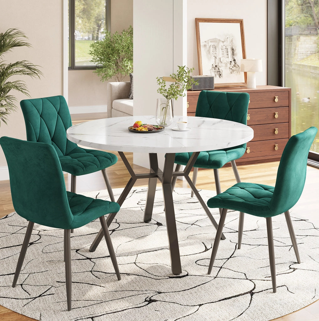Tavolo da pranzo rotondo 100 cm con piano effetto marmo bianco e base in metallo nero