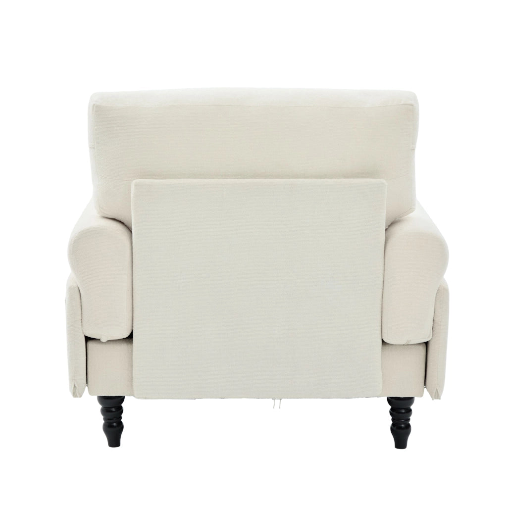 Poltrona lounge in chenille beige con ampia seduta, braccioli e gambe in legno massello