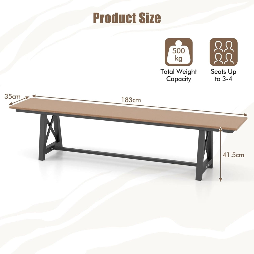 Panca da Giardino 3-4 Posti, Panchina da Esterno Portata 500 kg, Panchina da Giardino in HDPE e Metallo, per Cortile, Parco, Terrazzo, 183 x 35 x 41,5 cm, Marrone e Nero