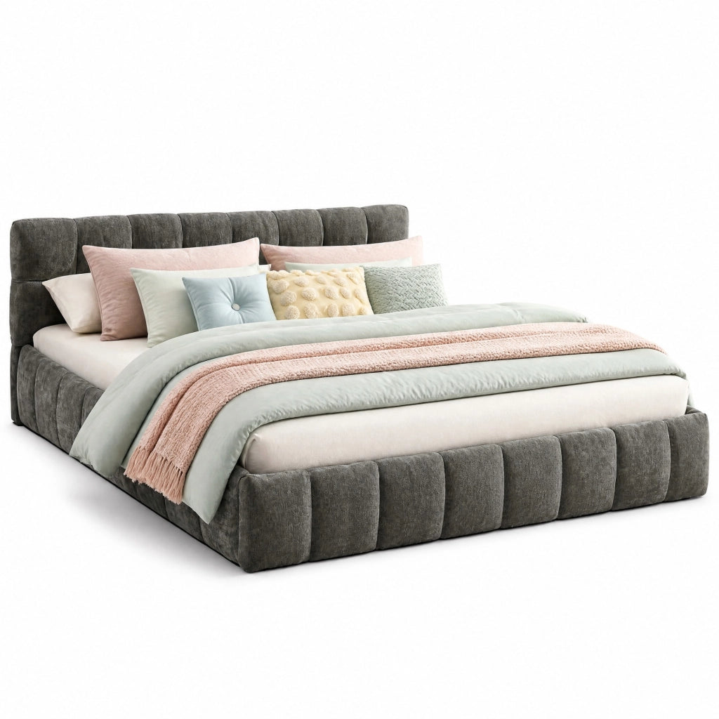 Letto matrimoniale 160x200 cm in chenille grigio scuro con struttura in eucalipto e ferro
