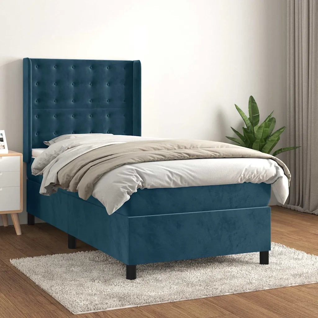 Letto singolo | Letto per adulti | Giroletto a Molle con Materasso Blu Scuro 90x190 cm in Velluto