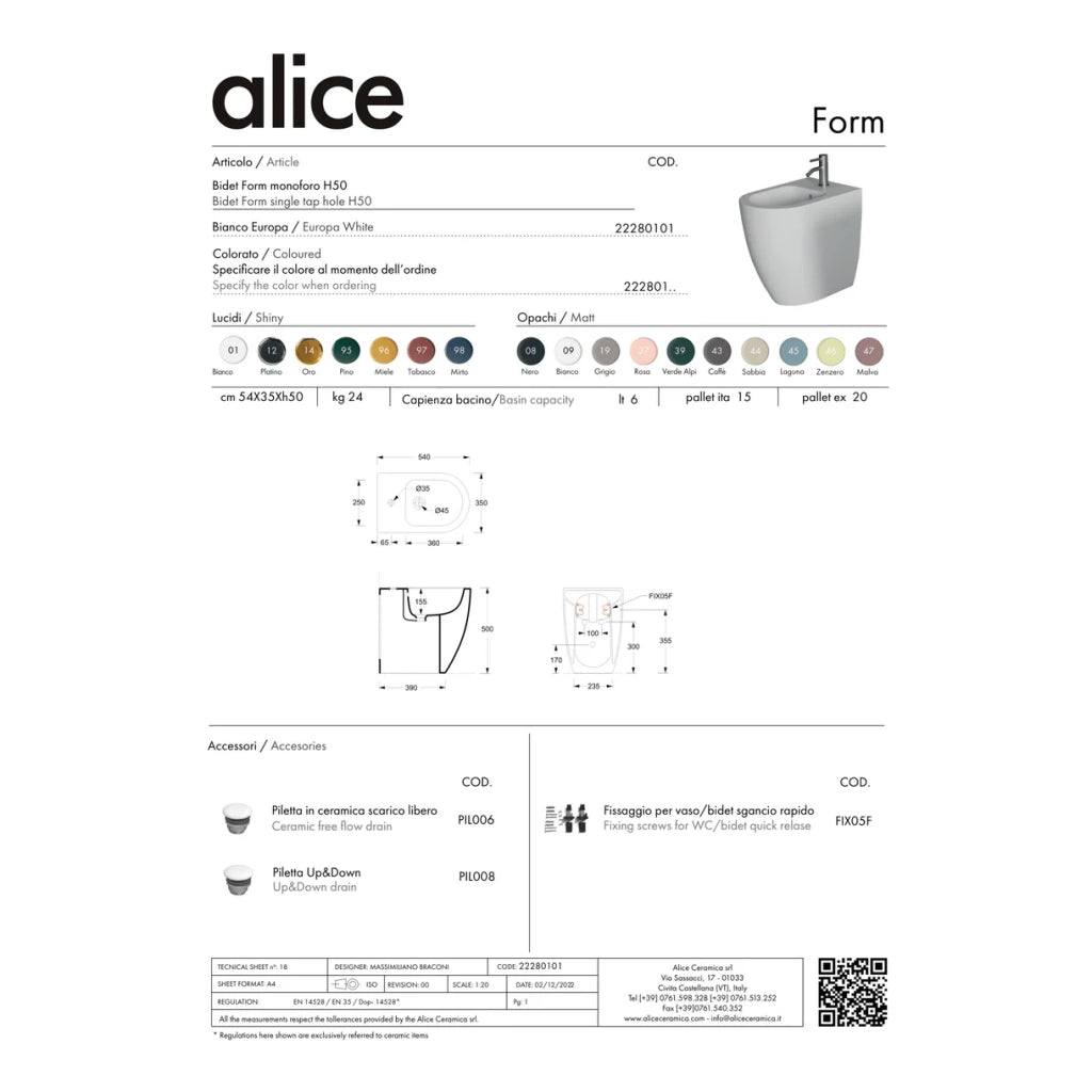 Coppia Di Sanitari Alice Ceramica Da Terra Filo Muro Senza Brida Bianco Lucido "Form"