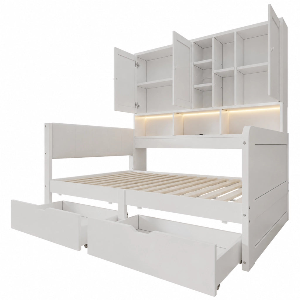 Letto singolo 90x200 con contenitore, LED, USB/USB-C e scaffali laterali in MDF bianco