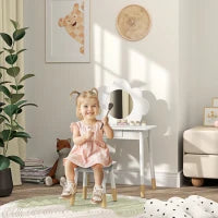 Set da Trucco per Bambine 3-6 Anni con Sgabello e Tavolo Toeletta con Specchio e Cassetto in Legno Bianco