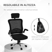 Sedia da Ufficio con Poggiatesta e Altezza Regolabili, Tessuto a Rete e Braccioli Ribaltabili, Nero