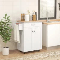 Isola da cucina con ruote piano in legno di eucalipto con cassetto armadio 2 porte 83 x 45 x 91,5 cm bianco