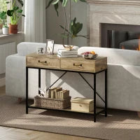 Tavolo Consolle Stile Vintage in Metallo e Legno con 2 Cassetti e Mensola, 100x35x76.5cm, Marrone
