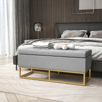 Panca Contenitore 2 in 1 con Seduta Trapuntata e Piedi in Acciaio, 110 x 44 x 48 cm, Grigio e Dorato