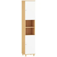 Colonna Bagno con 2 Armadietti e Ripiani Aperti, Mensole Interne Regolabili, 30x30x166 cm, Bianco e Legno