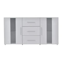 Credenza Moderna con LED Multicolore, 3 Cassetti e 2 Armadietti, Ampio Spazio, per Soggiorno e Cucina, 140x35x70 cm, Bianco