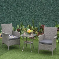 Set Giardino Esterno 3 Pezzi in Rattan PE e Acciaio, Set 2 Sedie con Cuscini Lavabili, Braccioli, Tavolino da Caffè con Piano in Vetro, Salotto da Giardino Balcone Patio Cortile, Grigio