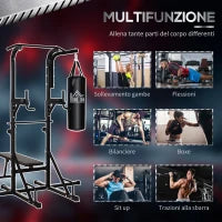 Power Tower con Panca e Sacco da Boxe di 20kg, Stazione Multiuso in Acciaio Nero per Allenamento Total Body