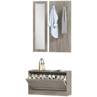 Set da Ingresso 3 Pezzi con Scarpiera, Appendiabiti e Specchio, in Legno e Vetro, color Legno e Bianco