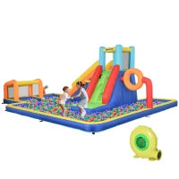 Castello Gonfiabile per Bambini 3-8 Anni con Scivolo, Parete, Porta e Canestro, in Tessuto Oxford, 590x460x220 cm