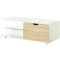 Tavolino Basso da Caffè in Truciolato con Cassetti e Ripiano in Vetro per Soggiorno e Ingresso, 106x58x39 cm, Bianco