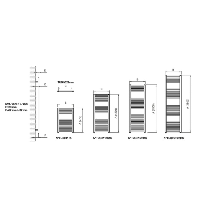 Termoarredo bianco per bagno in acciaio calorifero termosifone scaldasalviette *** misure h1500xl600xi550 30 tubi, pe...