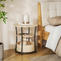 Tavolino da salotto rotondo con 3 ripiani, ricarica integrata e sacca, Ø50 x 55,1 cm, Legno naturale