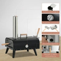Forno per Pizza Pieghevole e Portatile con Pala e Pietra, in Acciaio e Legno, 81x40x72 cm, Nero