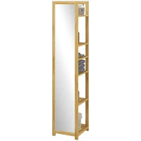 Scaffale da Bagno con Specchio e 6 Ripiani a Doghe in Bambù, 35x35x168cm, Colore Legno