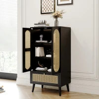 Credenza Moderna e Compatte in Rattan, con 2 Ante e 1 Cassetto, per Soggiorno e Sala da Pranzo, 60×40×110.5 cm, Nero