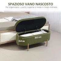 Panca Contenitore Ovale da 72L con Coperchio Sollevabile, in Tessuto Effetto Velluto e Legno, 108x44x43.5 cm, Verde