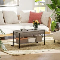 Tavolino con piano sollevabile, tavolino da salotto con vano nascosto e ripiano aperto, 95x40x59cm, grigio