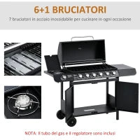 Barbecue a Gas con Coperchio, 7 Bruciatori da 20kW, Fornello Laterale e 2 Ruote, 135x50x100cm Nero