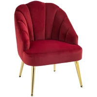 Poltrona in Velluto a Conchiglia Stile Art Deco per Camera e Soggiorno, Acciaio, 63x65x84 cm, Rosso
