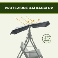 Dondolo 3 Posti con Tettuccio Regolabile e Cuscini, in Acciaio e Poliestere, 172x110x153 cm, Grigio