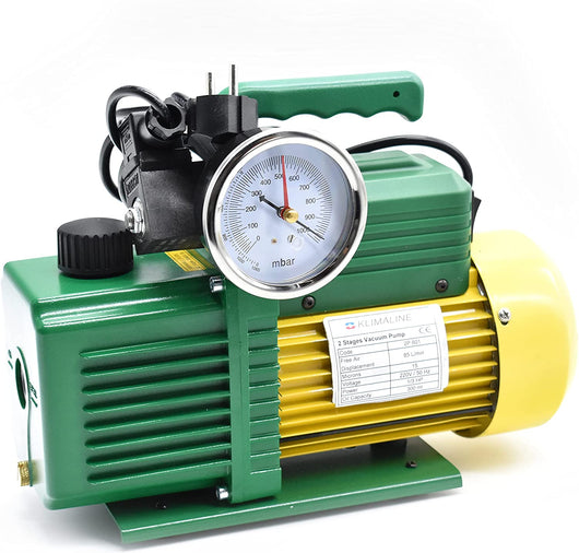 Pompa vuoto bistadio Klimaline con vacuometro e valvola solenoide per impianti gas HFO - R32 - R410 - R1234YF 85 L/min motore antideflagrante per condizionamento climatizzatore