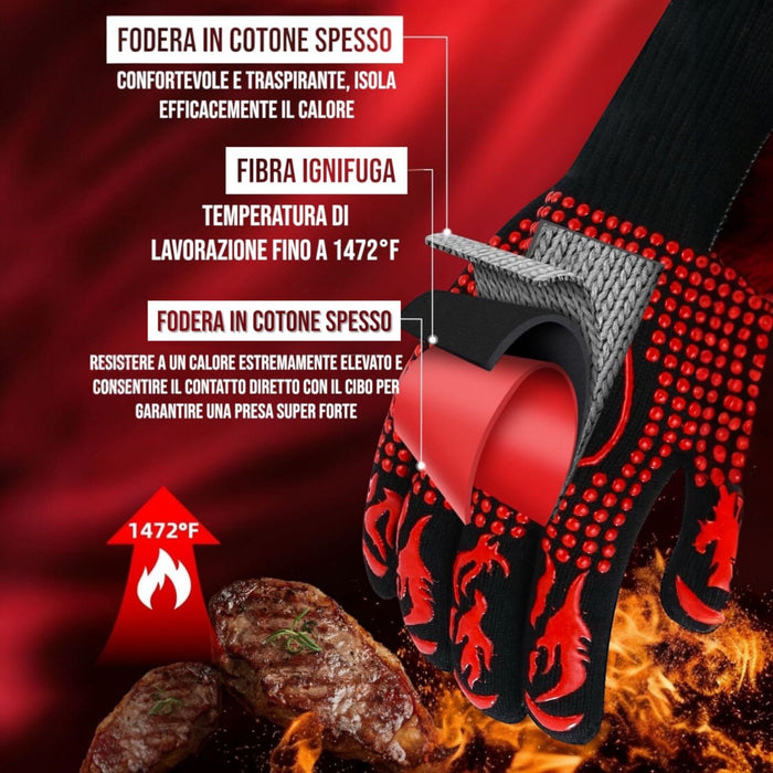 2Pz Guanti Barbecue Resistenti al Calore 800°C Professionali Antiscivolo Traspiranti