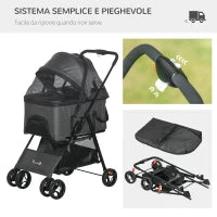 Passeggino per Cani 3 in 1 Convertibile in Borsa e Trasportino con Guinzaglio e Cuscino, Grigio