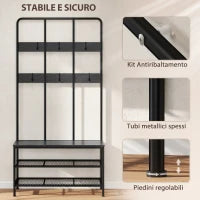 Appendiabiti da Ingresso 3 in 1 con 6 Ganci e Panca con Scarpiera, 91x36x180 cm, Nero
