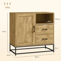 Credenza Moderna con 2 Cassetti, Armadietto Regolabile e Ripiano Aperto, in Legno e Acciaio, 80x40x78 cm, Marrone
