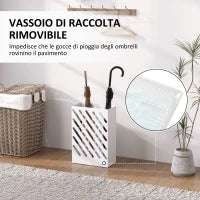 Portaombrelli di Design con Vaschetta Raccogli Gocce e 4 Ganci in Metallo, 28x14x41 cm, Bianco