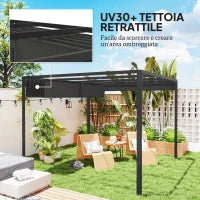 Gazebo Pergola Retrattile 3x3 m con Tenda a Rullo e Fori di Drenaggio, in Acciaio e Poliestere Grigio Scuro