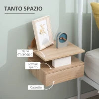 Set da 2 Comodini Moderni Sospesi con Cassetto e Ripiano in Legno 35x32x22.5cm, Rovere