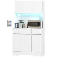 Mobile Buffet Cucina Alto con Luce LED RGB, Piano di Lavoro, 6 Porte, 2 Cassetti, Bianco